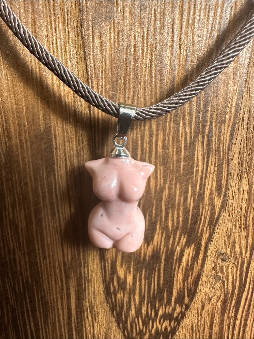 Mini Light Pink Alashan Agate Lady Body Carving Pendant Necklace on Brown Rope - Picture 7 of 16